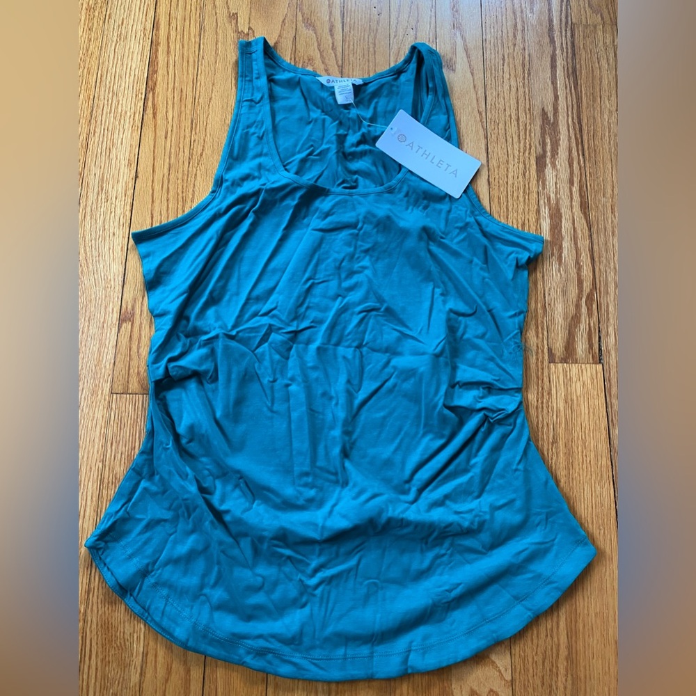 NWT Athleta Outbound Scoop Neck Tank Green Large Cotton Blend Ruching C…